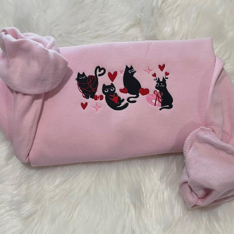 Black Cat Hearts Embroidered Sweatshirt, Valentine’s Day Black Cat Sweatshirt