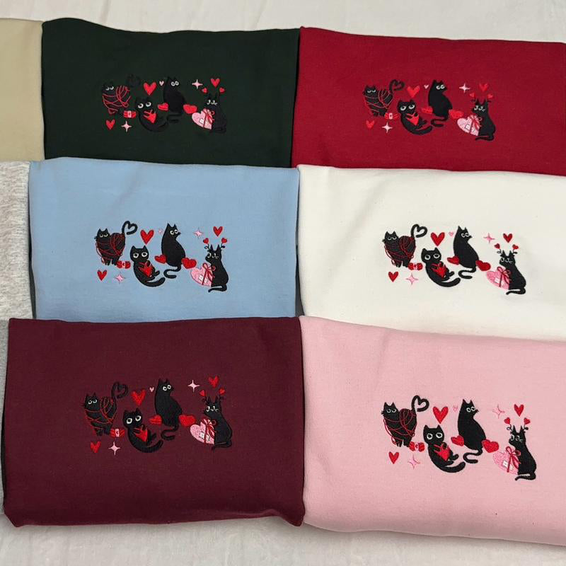 Black Cat Hearts Embroidered Sweatshirt, Valentine’s Day Black Cat Sweatshirt