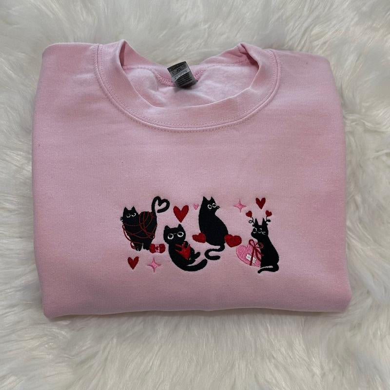 Black Cat Hearts Embroidered Sweatshirt, Valentine’s Day Black Cat Sweatshirt