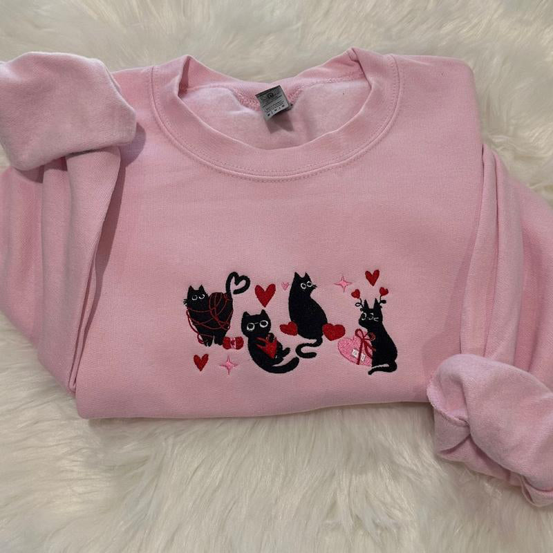 Black Cat Hearts Embroidered Sweatshirt, Valentine’s Day Black Cat Sweatshirt