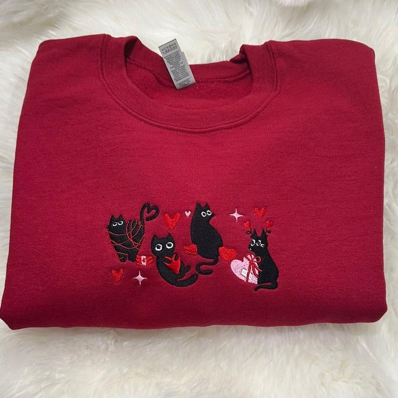 Black Cat Hearts Embroidered Sweatshirt, Valentine’s Day Black Cat Sweatshirt