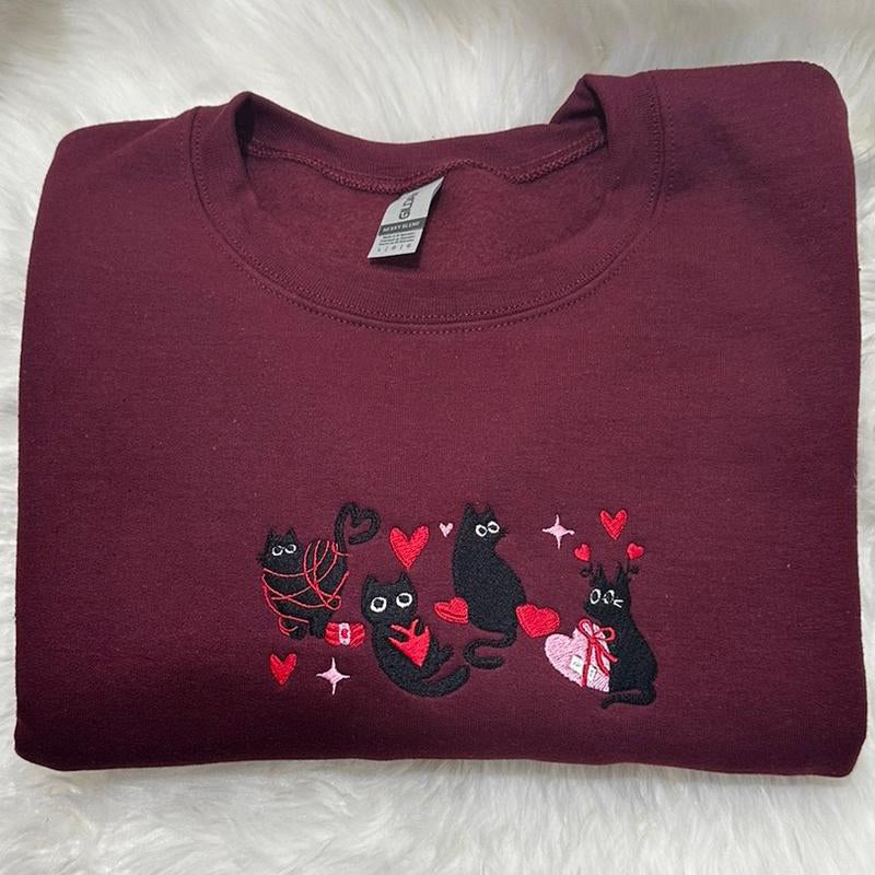 Black Cat Hearts Embroidered Sweatshirt, Valentine’s Day Black Cat Sweatshirt