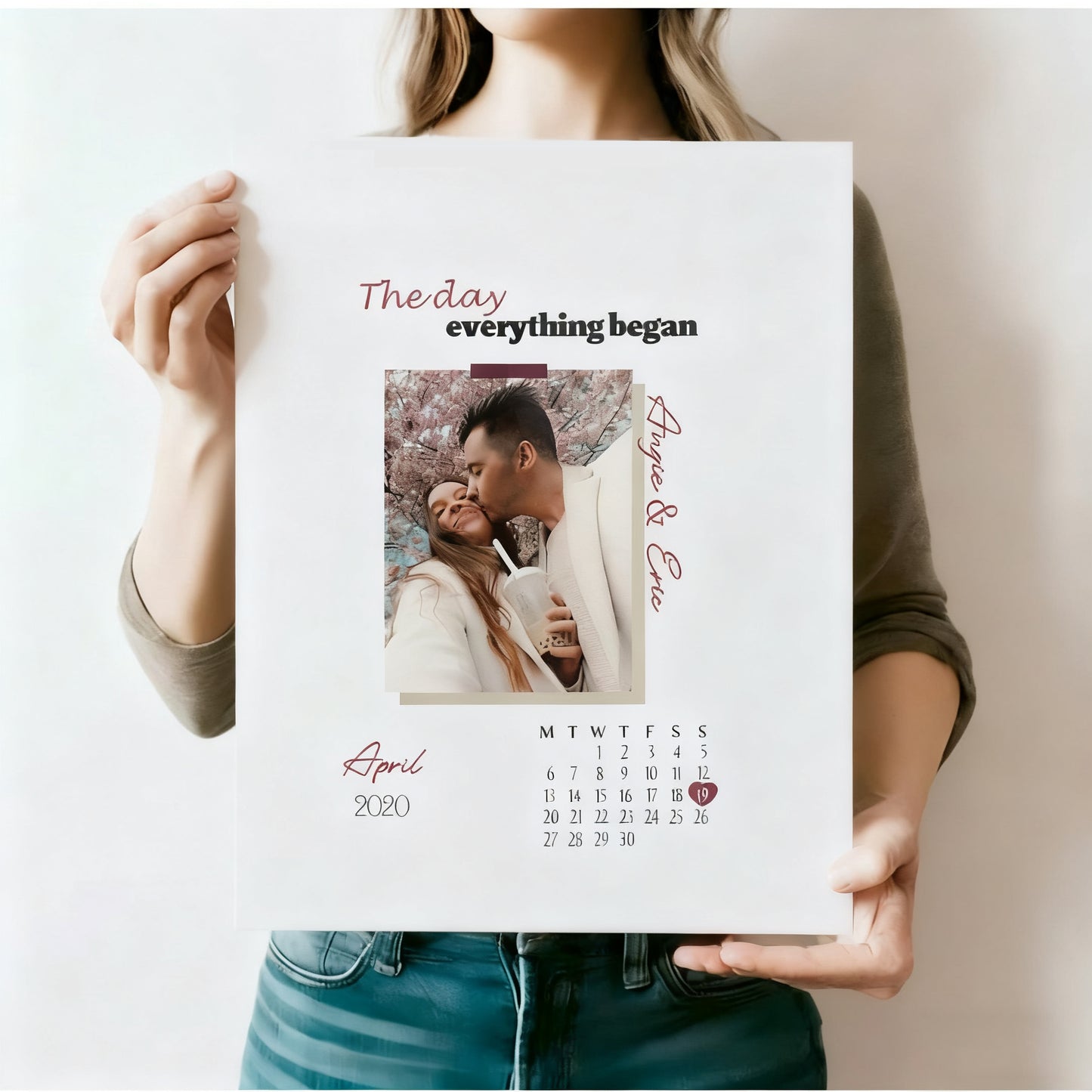💕The Day Everthing Began 💕Couple Anniversary Calendar With Angle-Sensing Photo Flashcard Frame