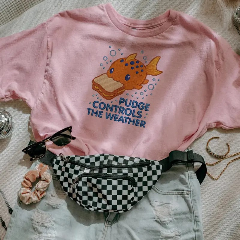 Pudge Controls The Weather Fish Embroidered Shirt