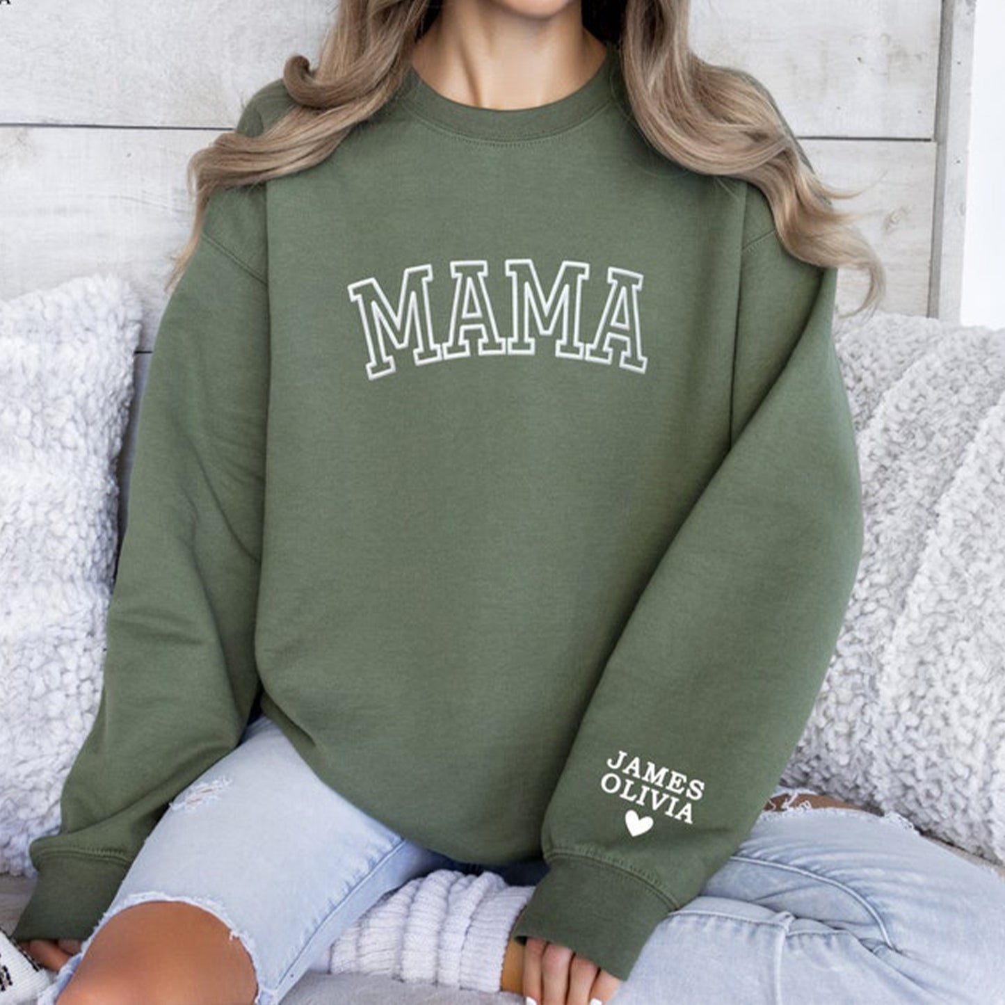 Personalized Mama Sweatshirt with Kid Names on Sleeve