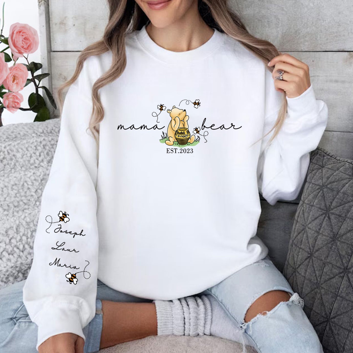 Custom Mama Bear Est Year With Kids' Names On The Sleeve Sweatshirt/Hoodie