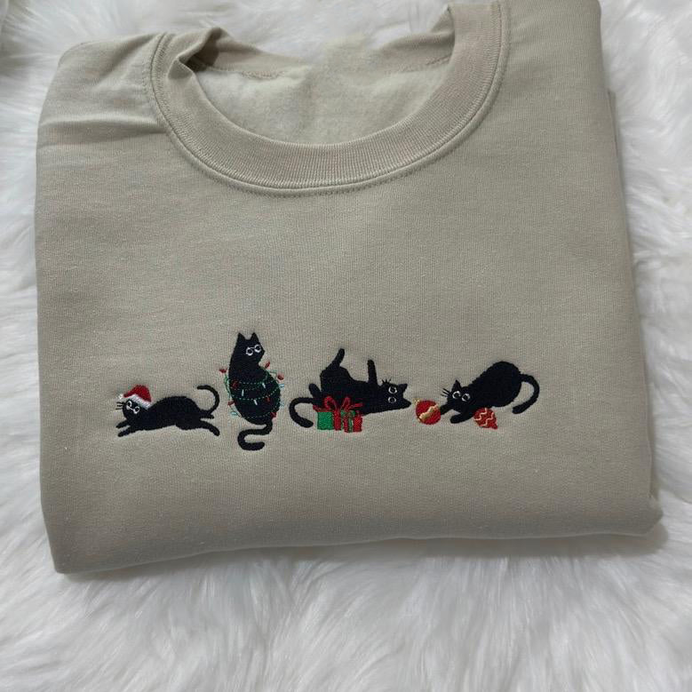 Black Christmas Cats Style Embroidered Shirt