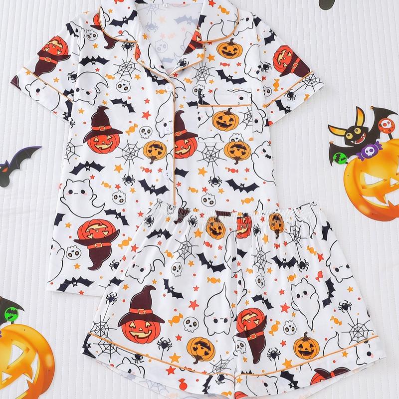 Halloween Print Lapel Neck Pajama Set