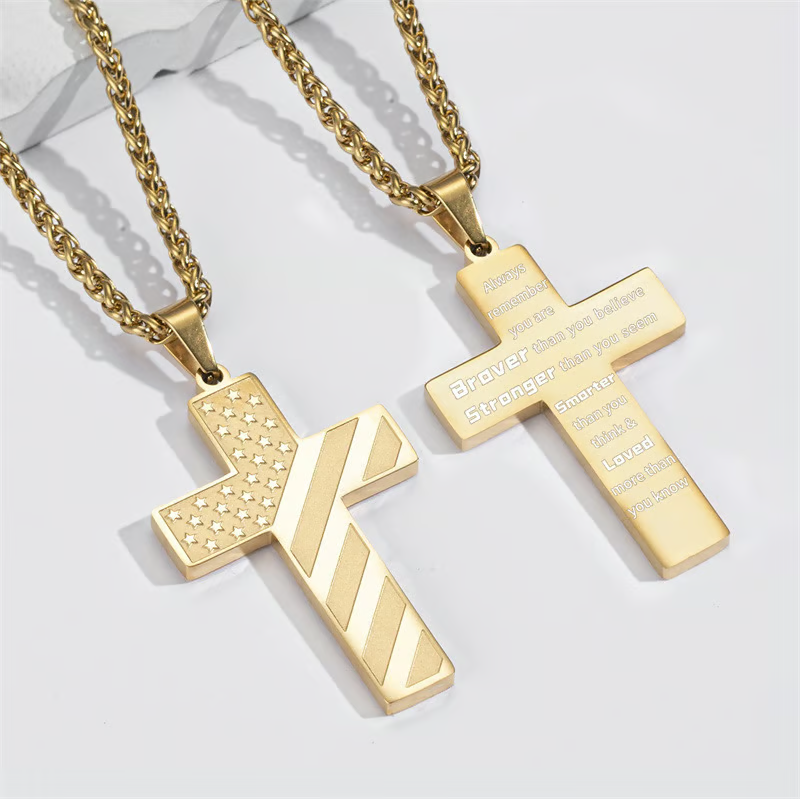 Cross Necklace With Bible Verse & American Flag Pendant