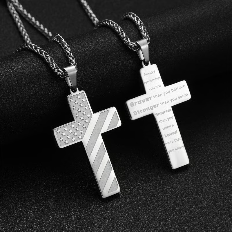 Cross Necklace With Bible Verse & American Flag Pendant