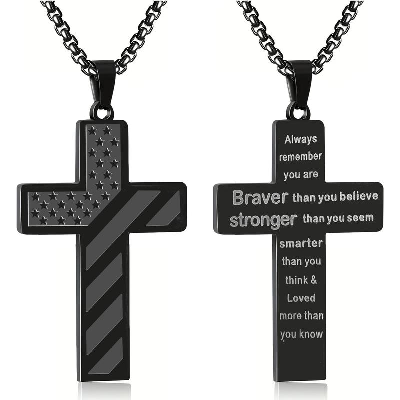 Cross Necklace With Bible Verse & American Flag Pendant