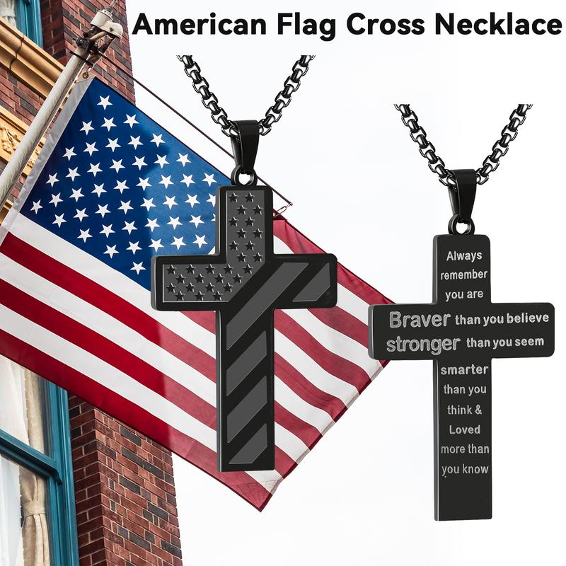 Cross Necklace With Bible Verse & American Flag Pendant
