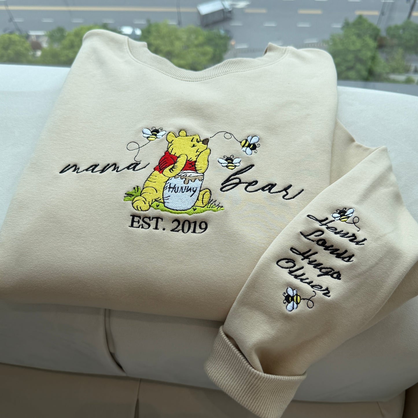 Custom Embroidered Mama Bear EST Sweatshirt With Kids' Names on Sleeve