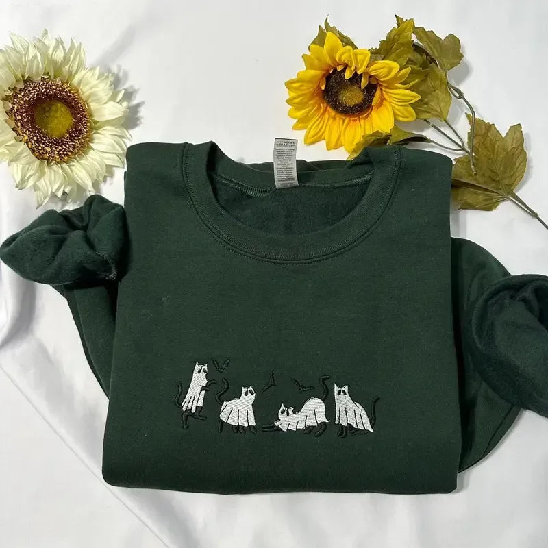 Ghost Cat  Embroidered Shirt