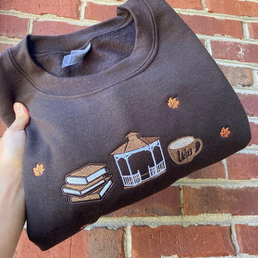 Gilmore Girls Inspired Fall Embroidered Sweatshirt – Books, Coffee & Luke’s Diner