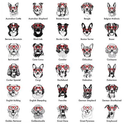 50 Dog Breeds in Adorable Heart Shaped Glasses T-Shirt / Crewneck / Hoodie