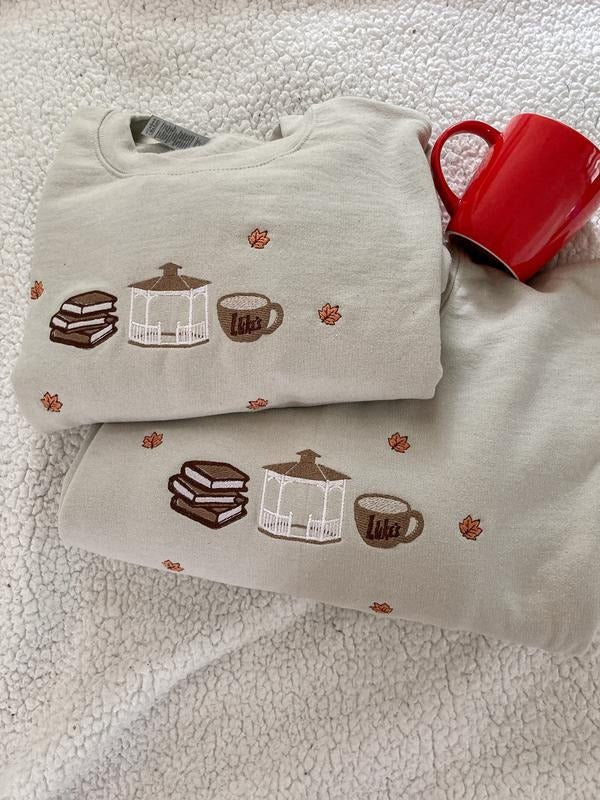 Gilmore Girls Inspired Fall Embroidered Sweatshirt – Books, Coffee & Luke’s Diner
