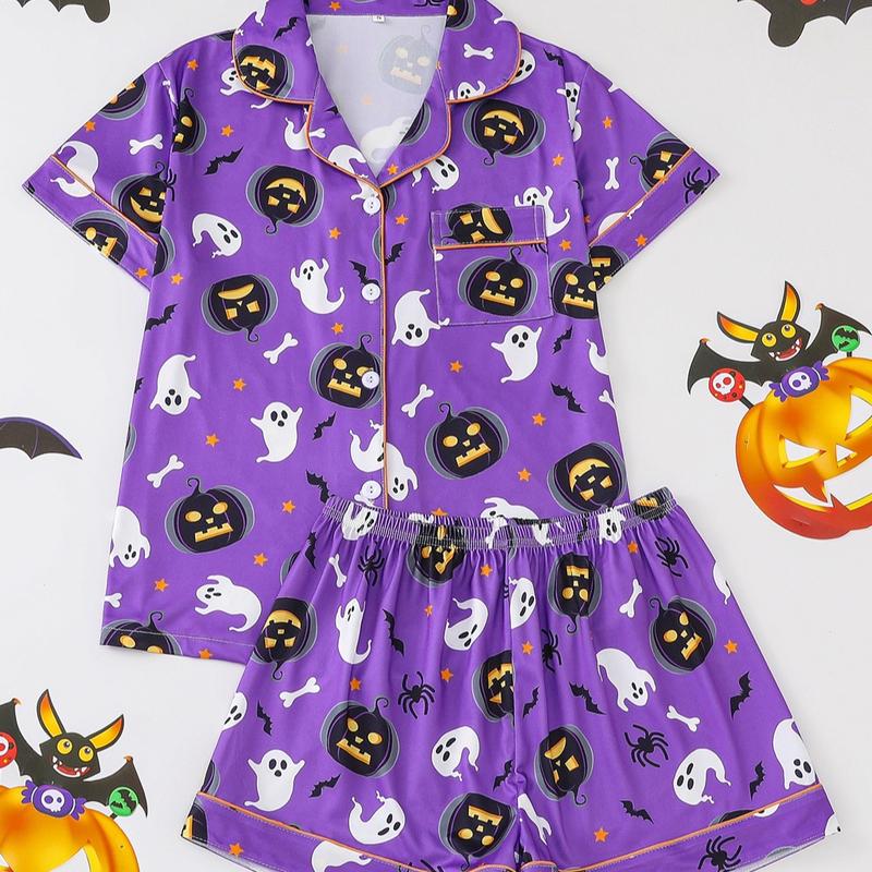 Halloween Print Lapel Neck Pajama Set