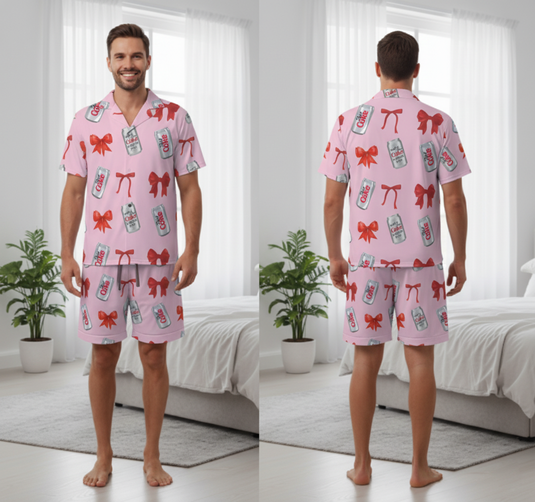 Diet Coke& Bow Short sleeve Pajama Shirt &7 inch inseam Shorts for Men