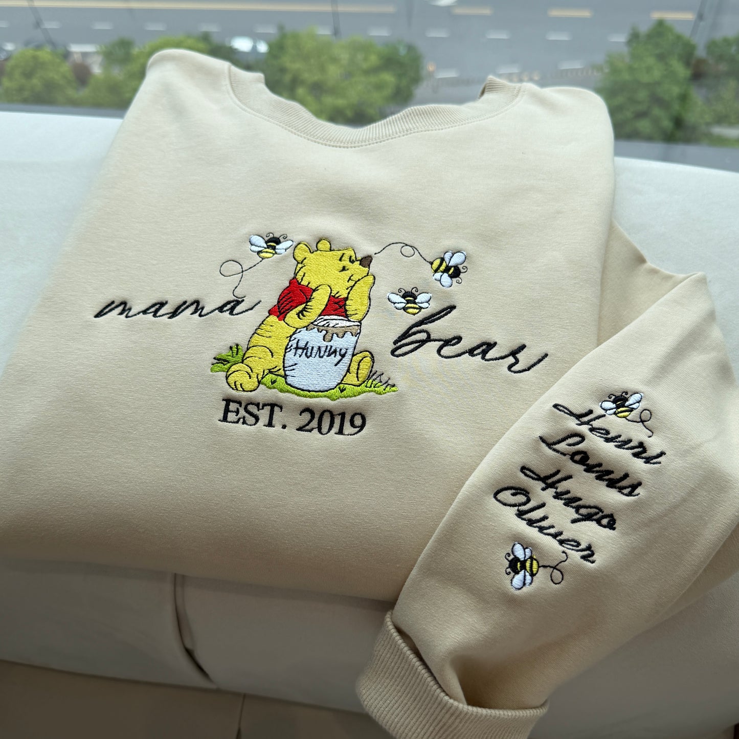 Custom Embroidered Mama Bear EST Sweatshirt With Kids' Names on Sleeve