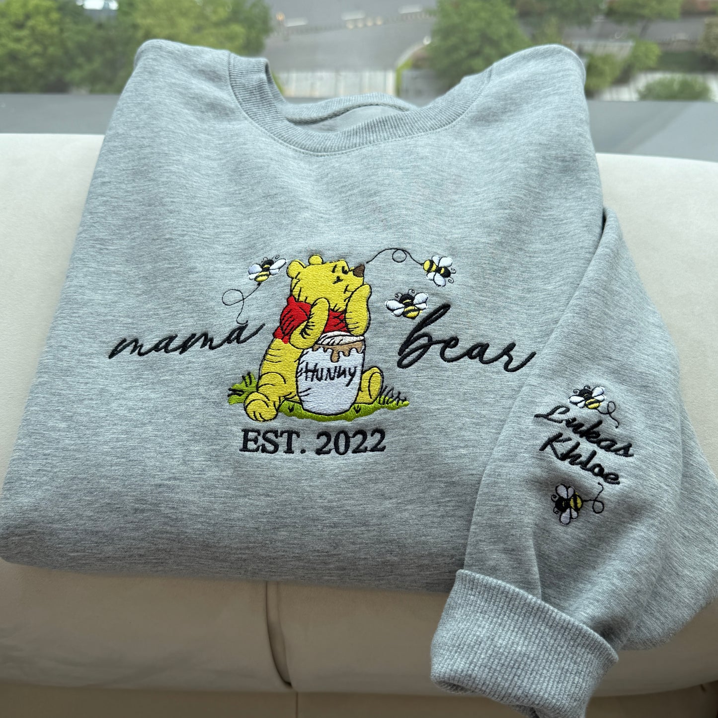 Custom Embroidered Mama Bear EST Sweatshirt With Kids' Names on Sleeve