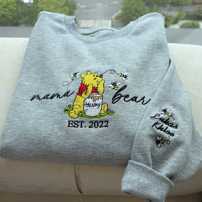 Custom Embroidered Mama Bear EST Sweatshirt With Kids' Names on Sleeve