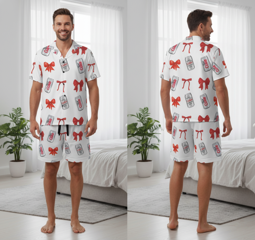 Diet Coke& Bow Short sleeve Pajama Shirt &7 inch inseam Shorts for Men