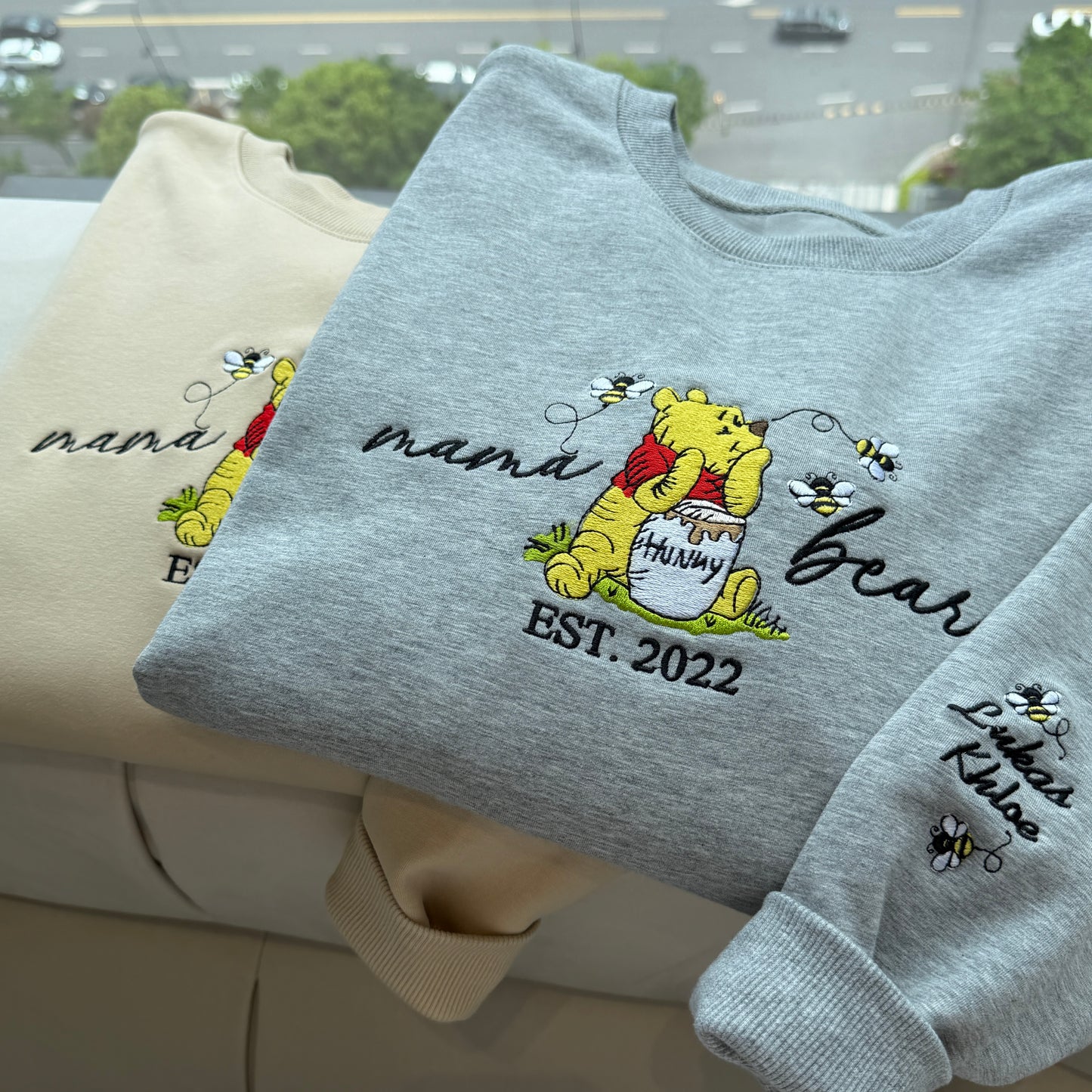 Custom Embroidered Mama Bear EST Sweatshirt With Kids' Names on Sleeve