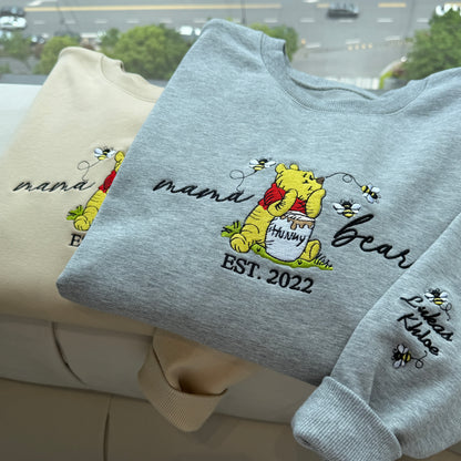 Custom Embroidered Mama Bear EST Sweatshirt With Kids' Names on Sleeve
