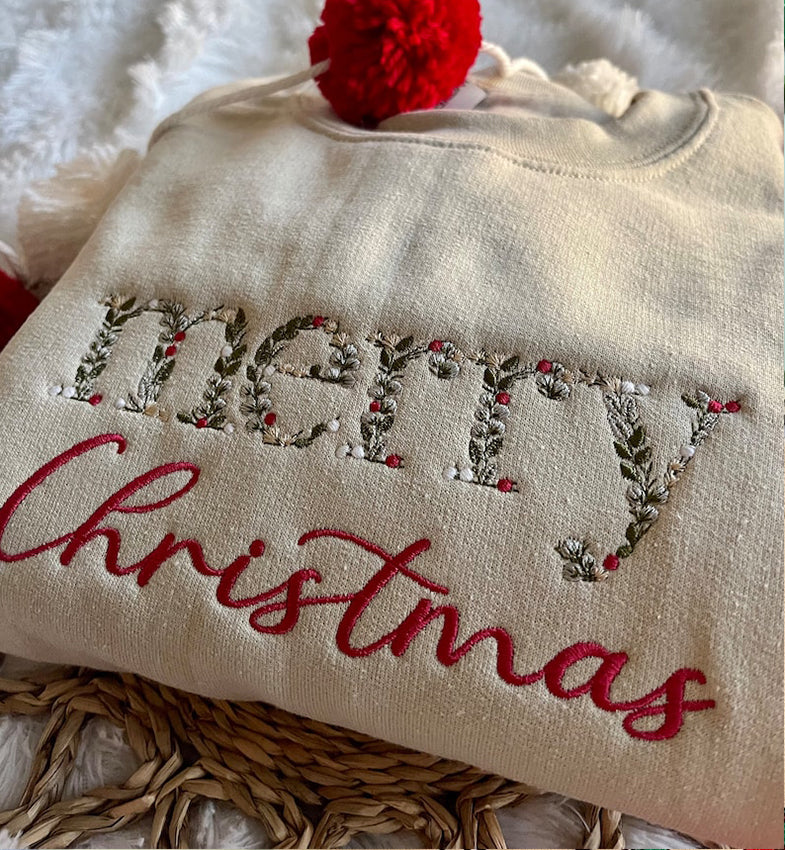 FLORAL Merry Christmas Embroidered Sweatshirt