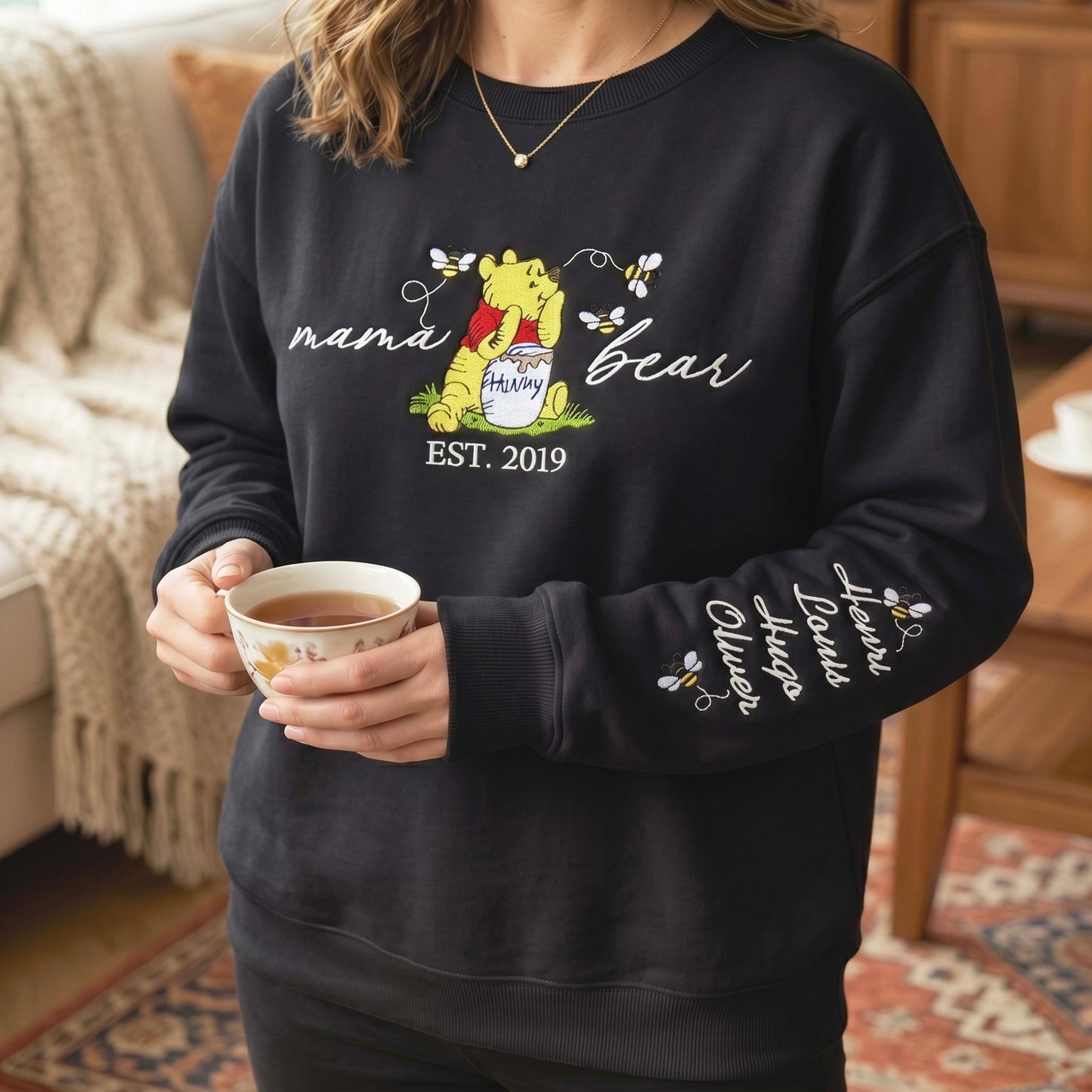 Custom Embroidered Mama Bear EST Sweatshirt With Kids' Names on Sleeve