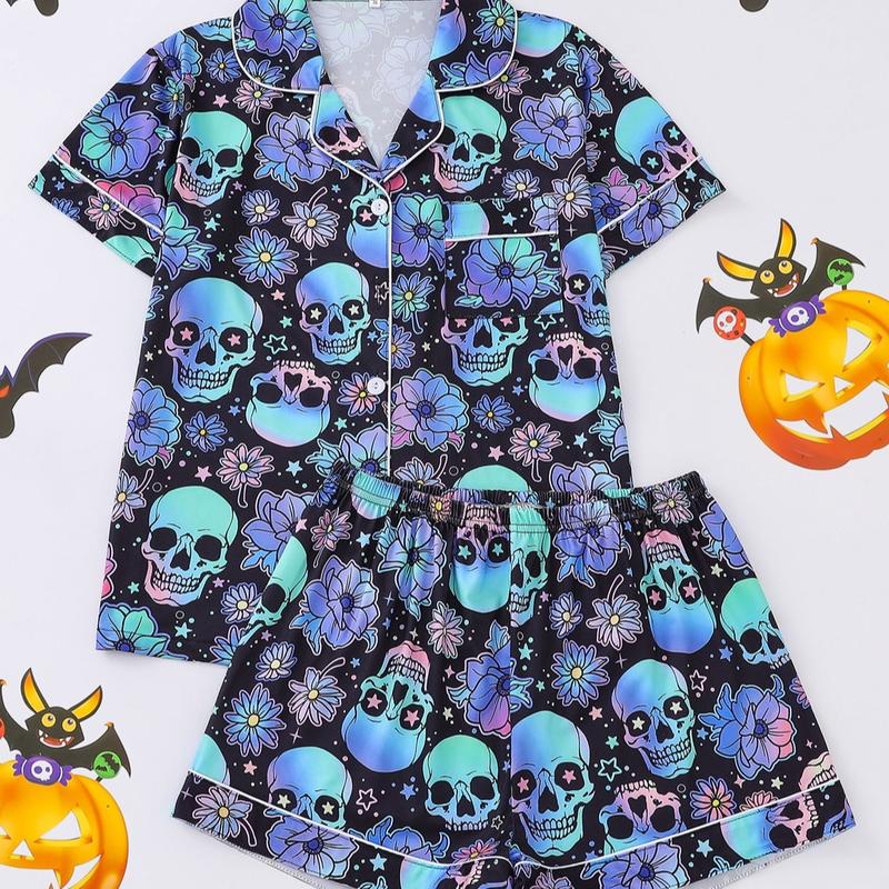 Halloween Print Lapel Neck Pajama Set
