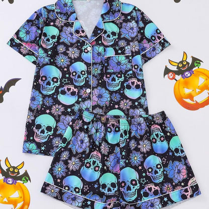 Halloween Print Lapel Neck Pajama Set