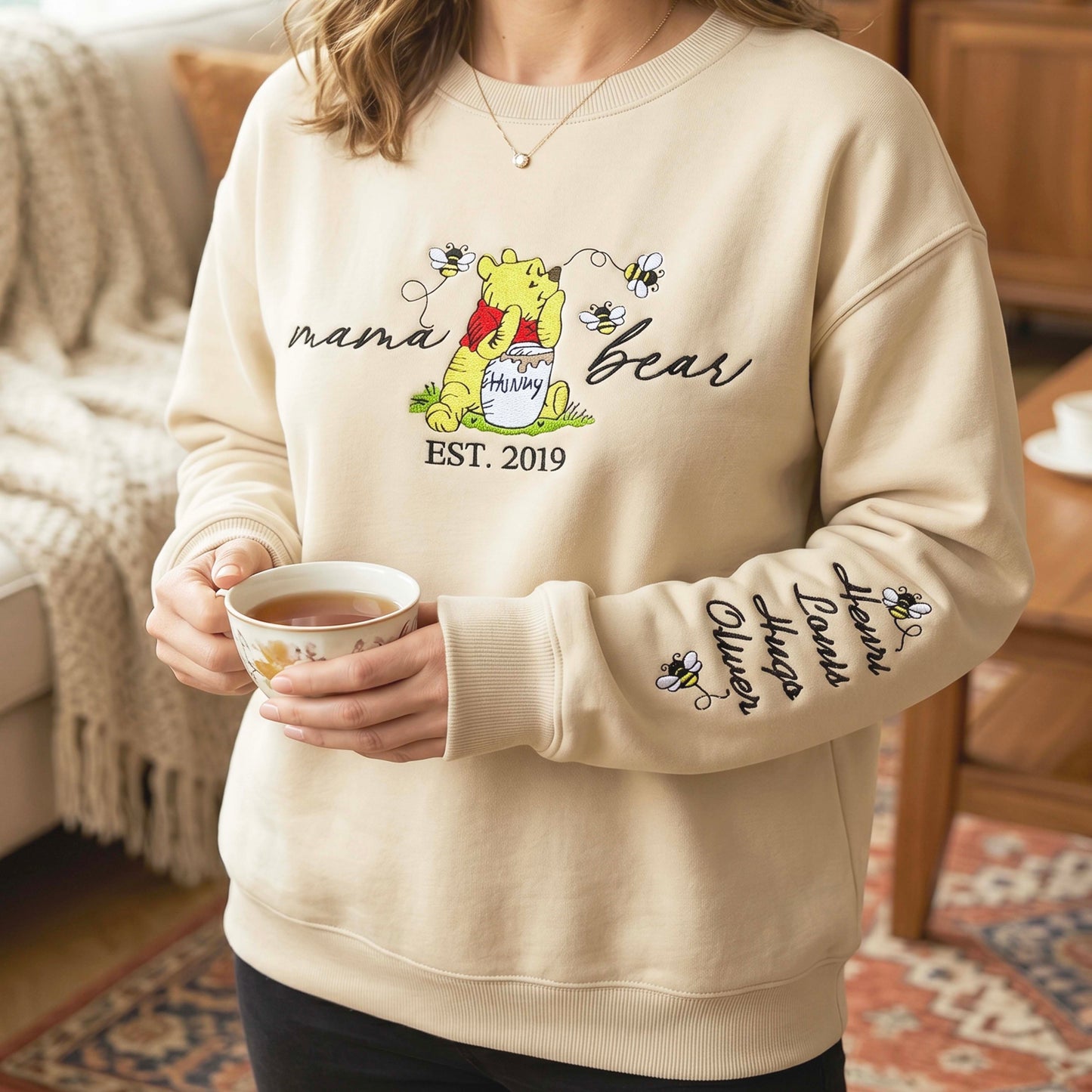 Custom Embroidered Mama Bear EST Sweatshirt With Kids' Names on Sleeve
