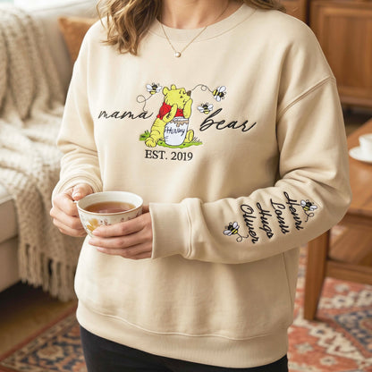Custom Embroidered Mama Bear EST Sweatshirt With Kids' Names on Sleeve