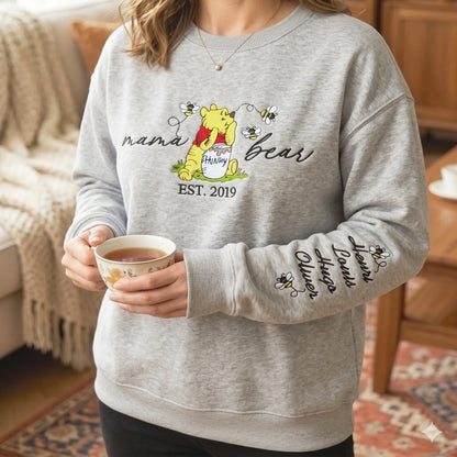Custom Embroidered Mama Bear EST Sweatshirt With Kids' Names on Sleeve
