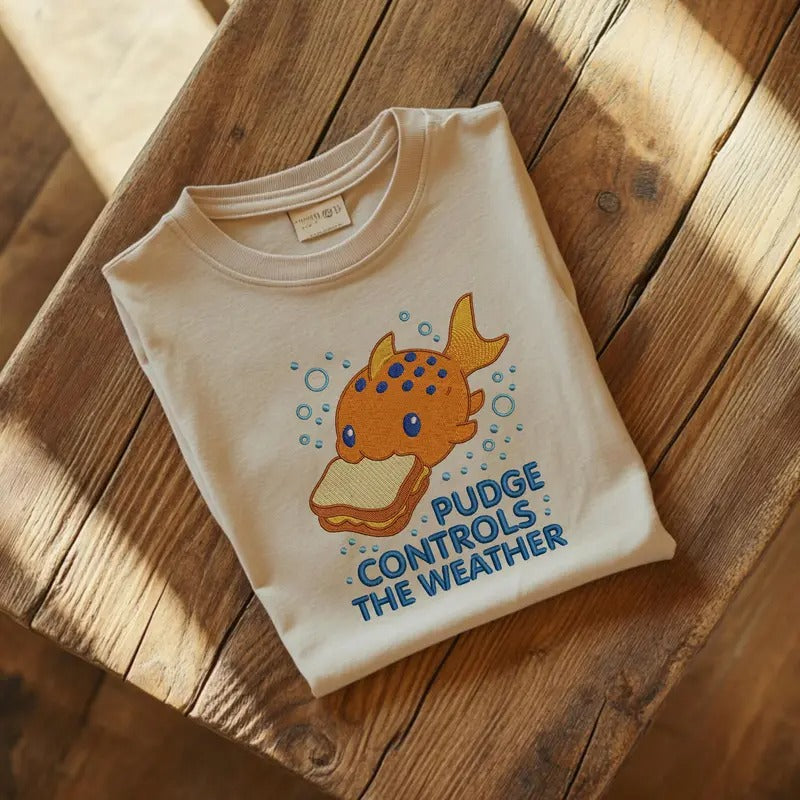 Pudge Controls The Weather Fish Embroidered Shirt