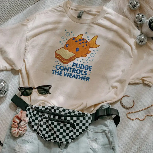 Pudge Controls The Weather Fish Embroidered Shirt