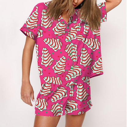 Christmas Tree Cakes Short sleeve Pajama Shirt &4 inch inseam Shorts for Women