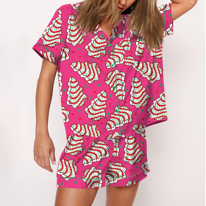 Christmas Tree Cakes Short sleeve Pajama Shirt &4 inch inseam Shorts for Women