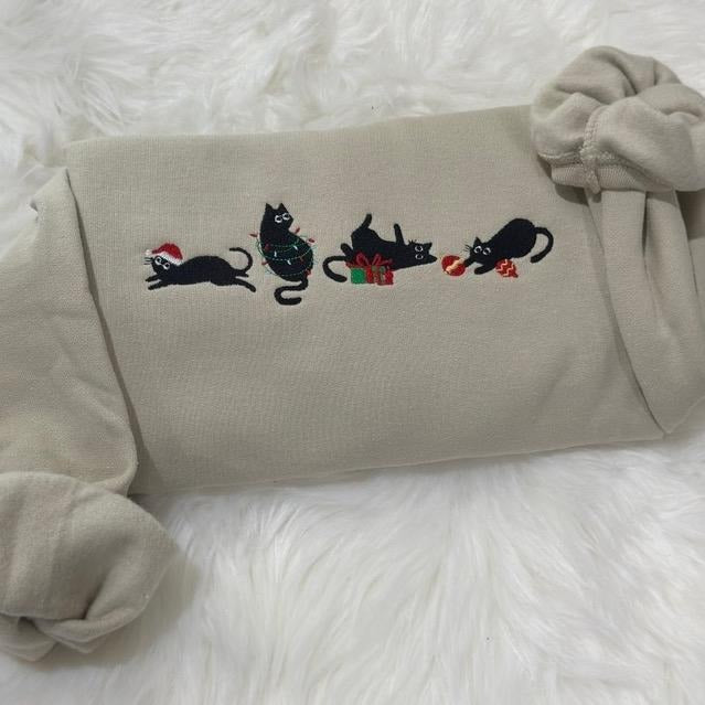 Black Christmas Cats Style Embroidered Shirt
