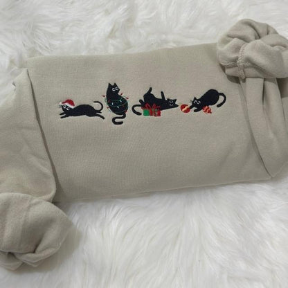 Black Christmas Cats Style Embroidered Shirt