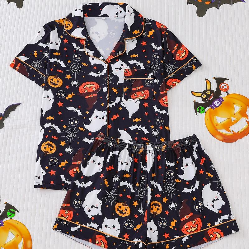 Halloween Print Lapel Neck Pajama Set