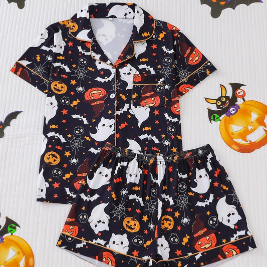 Halloween Print Lapel Neck Pajama Set