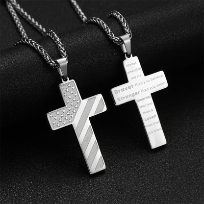 Cross Necklace With Bible Verse & American Flag Pendant