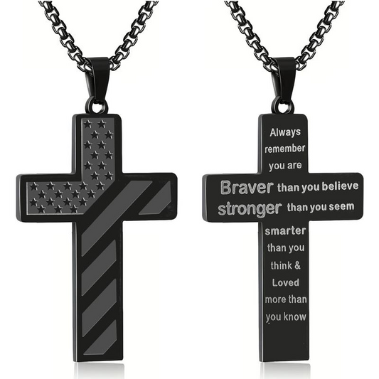 Cross Necklace With Bible Verse & American Flag Pendant
