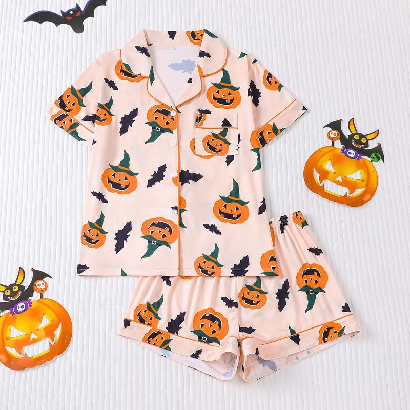 Halloween Print Lapel Neck Pajama Set