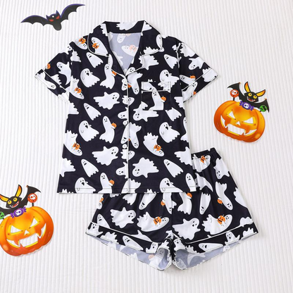 Halloween Print Lapel Neck Pajama Set