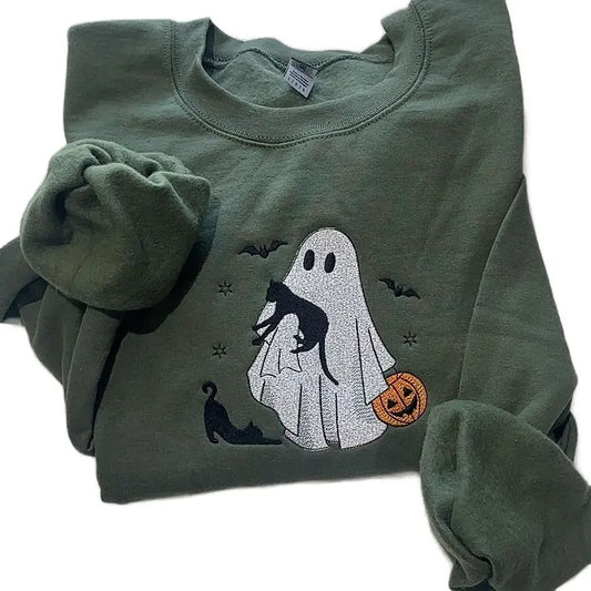 Spooky Ghost With Cats Embroidered Shirt