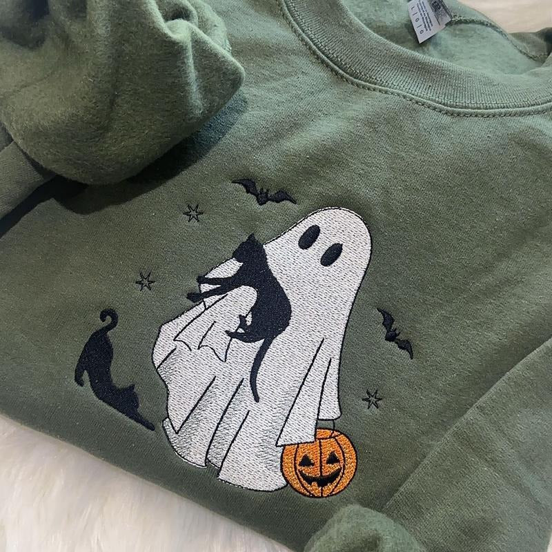 Spooky Ghost With Cats Embroidered Shirt